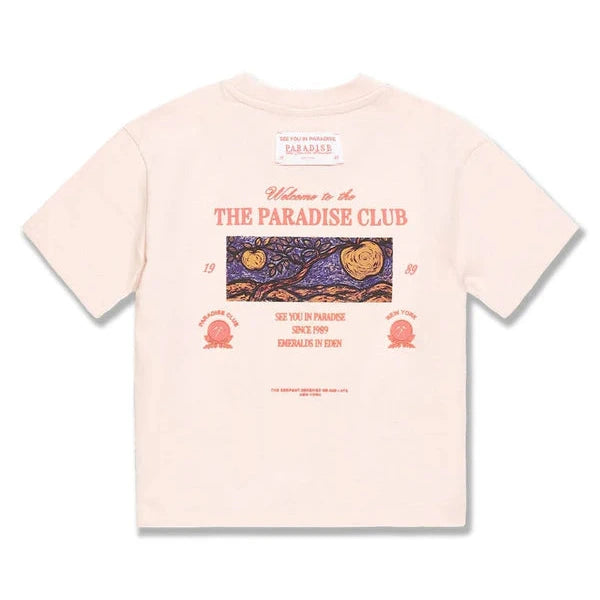 Pink t-shirt with 'Paradise Club' graphic design on a white background
