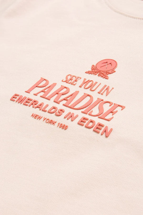 Light pink sweatshirt with red text and logo on a white background