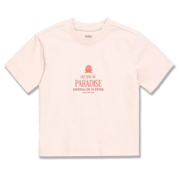 Pink t-shirt with text and logo on a white background