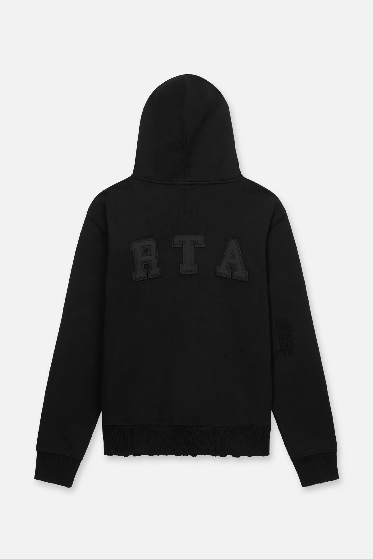 RtA Markus Hoodie in Black Collegiate with distressed details, kangaroo pocket, and logo patch