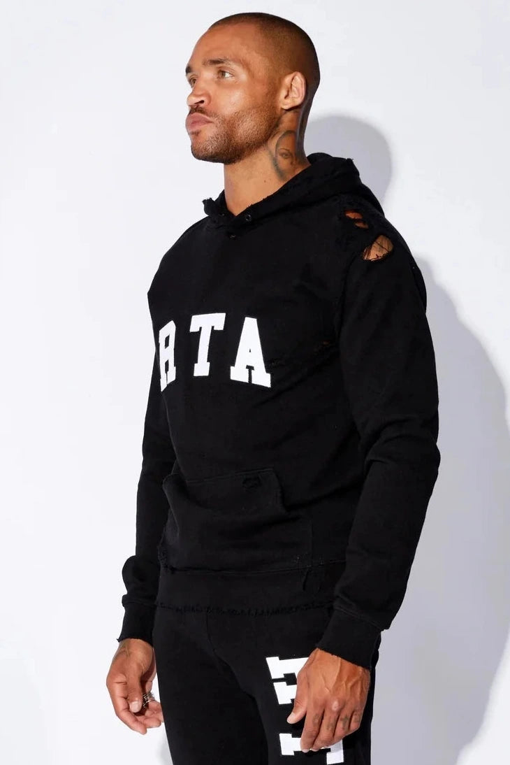 RtA Markus Hoodie in Black Collegiate with distressed details, kangaroo pocket, and logo patch
