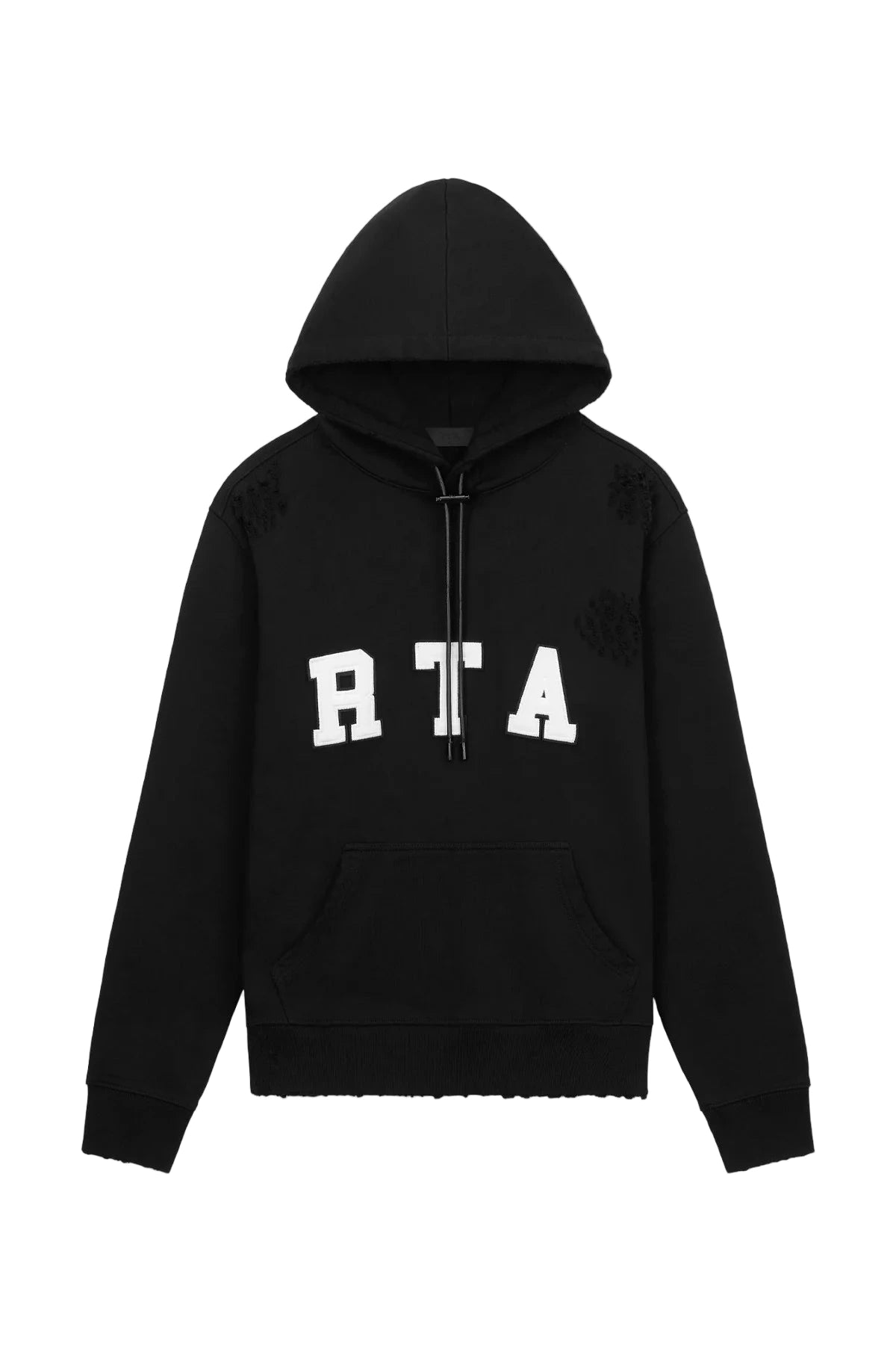 RtA Markus Hoodie in Black Collegiate with distressed details, kangaroo pocket, and logo patch
