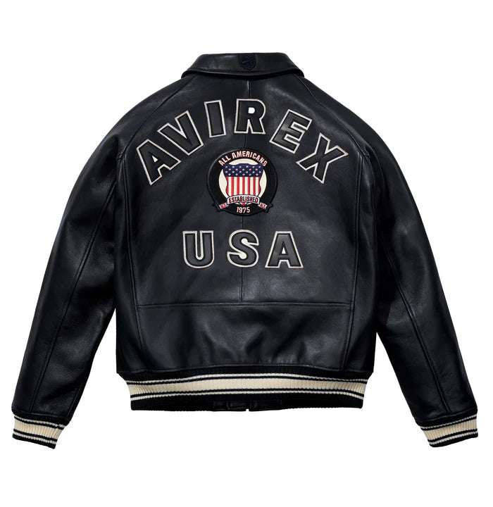 Avirex ICON Jacket in 100% French lamb leather with logo details, front zipper, and striped rib trim