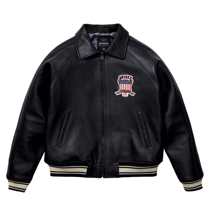 Avirex ICON Jacket in 100% French lamb leather with logo details, front zipper, and striped rib trim