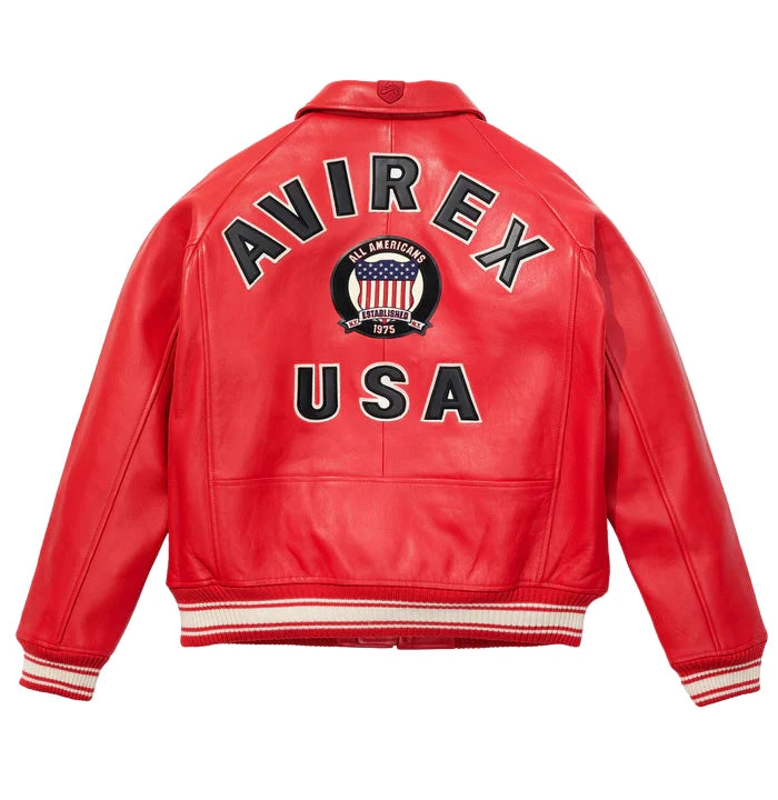 Avirex ICON Jacket in 100% French lamb leather with logo details, front zipper, and striped rib trim
