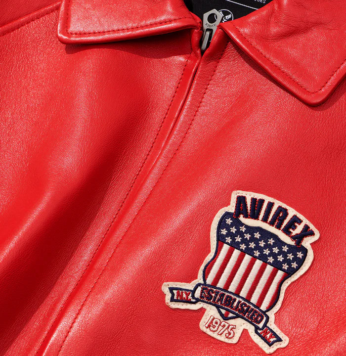 Avirex ICON Jacket in 100% French lamb leather with logo details, front zipper, and striped rib trim