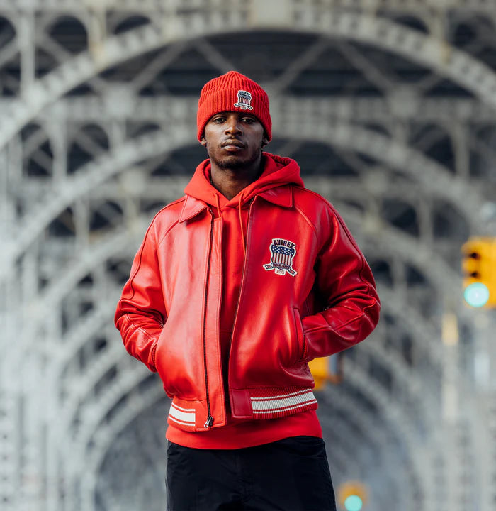 Avirex ICON Jacket in 100% French lamb leather with logo details, front zipper, and striped rib trim