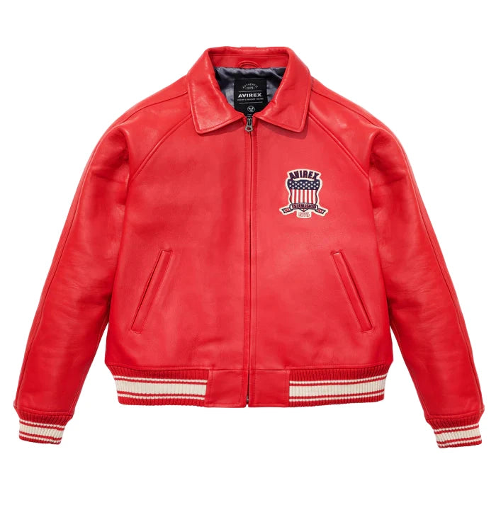 Avirex ICON Jacket in 100% French lamb leather with logo details, front zipper, and striped rib trim
