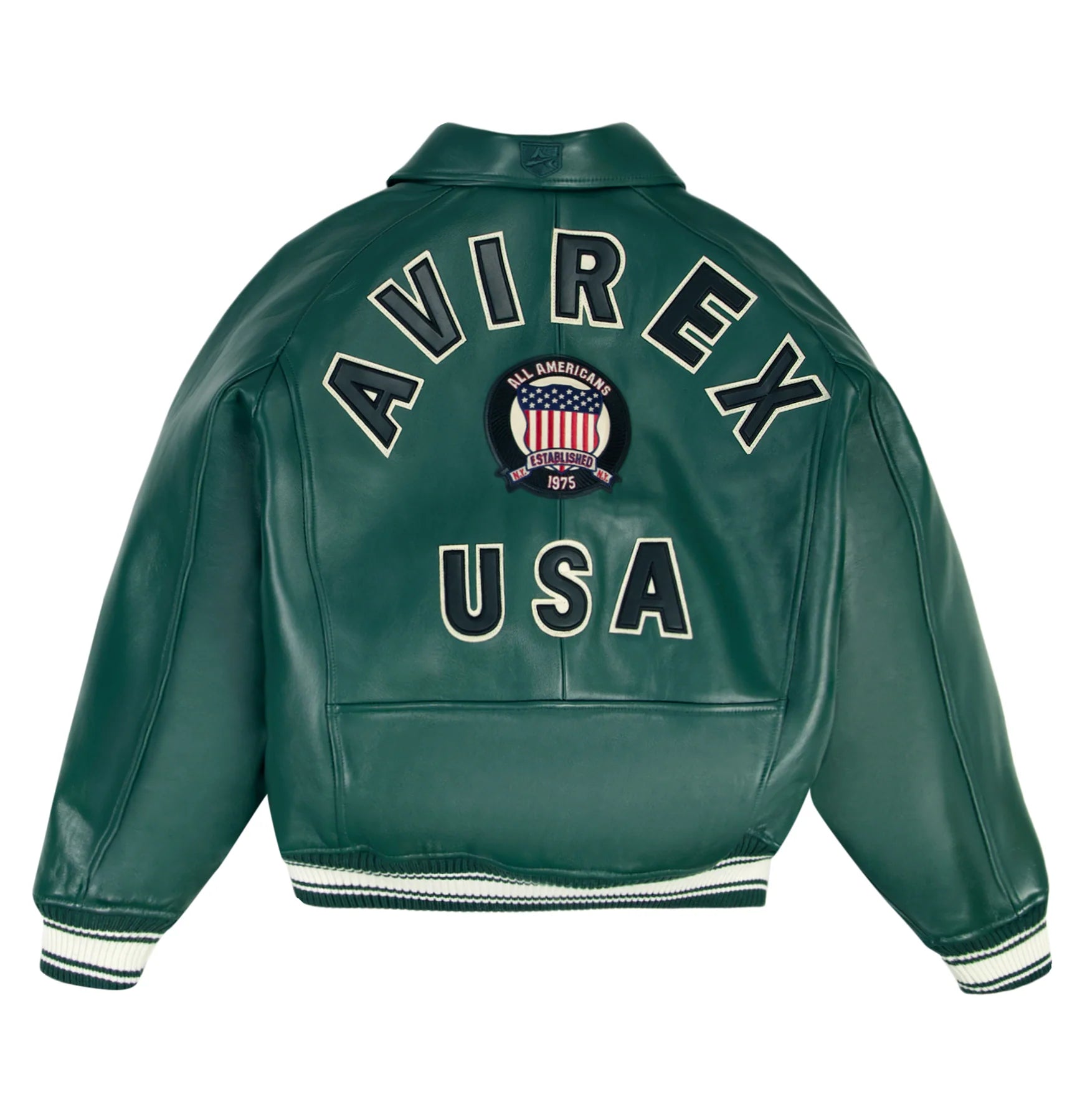 Avirex ICON Jacket in 100% French lamb leather with logo details, front zipper, and striped rib trim