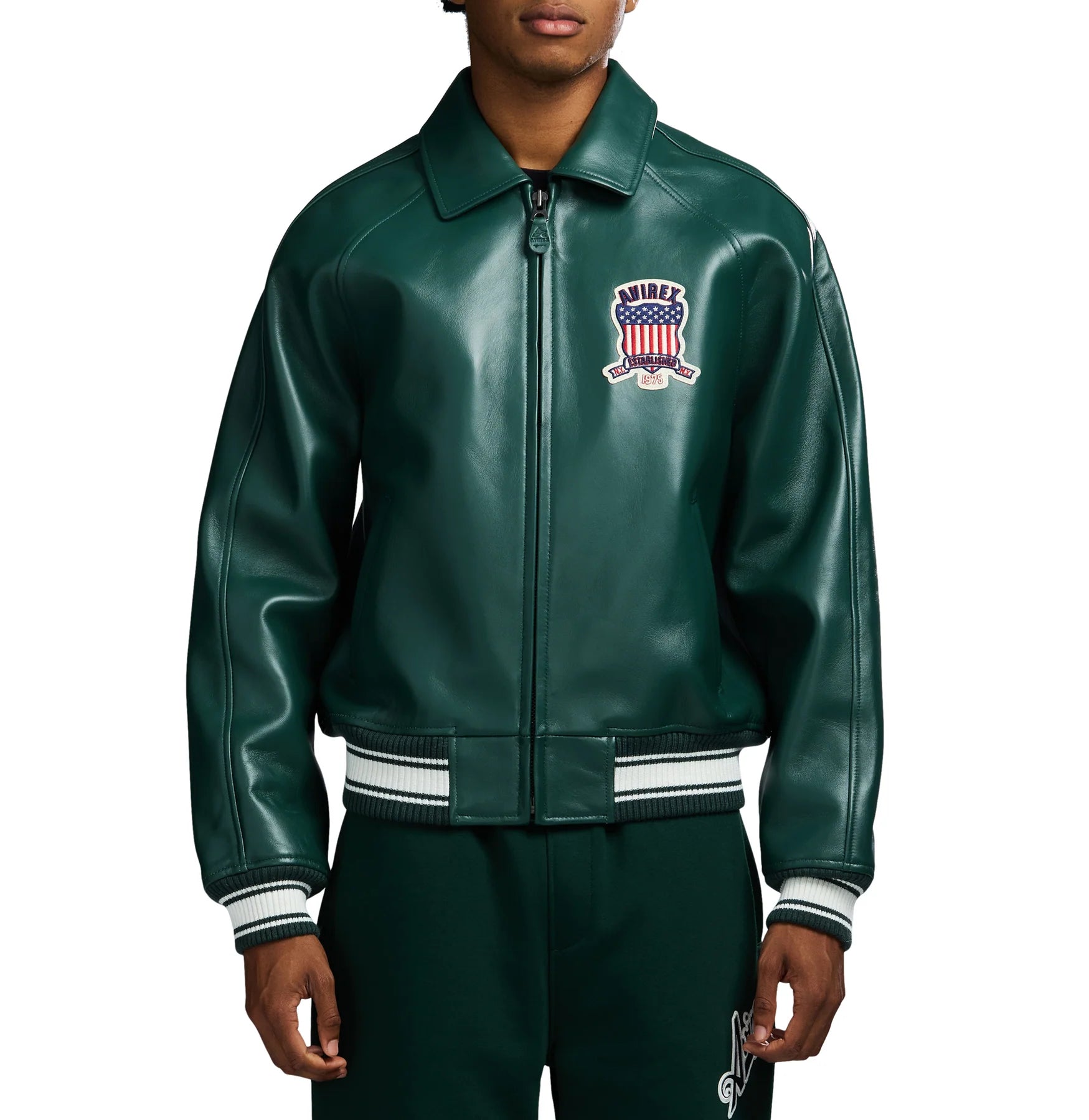 Avirex ICON Jacket in 100% French lamb leather with logo details, front zipper, and striped rib trim