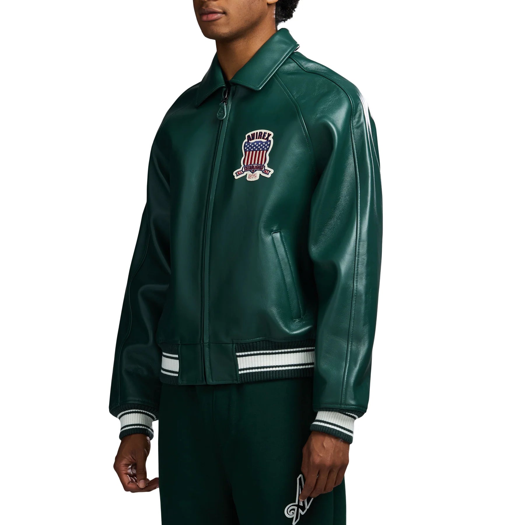 Avirex ICON Jacket in 100% French lamb leather with logo details, front zipper, and striped rib trim