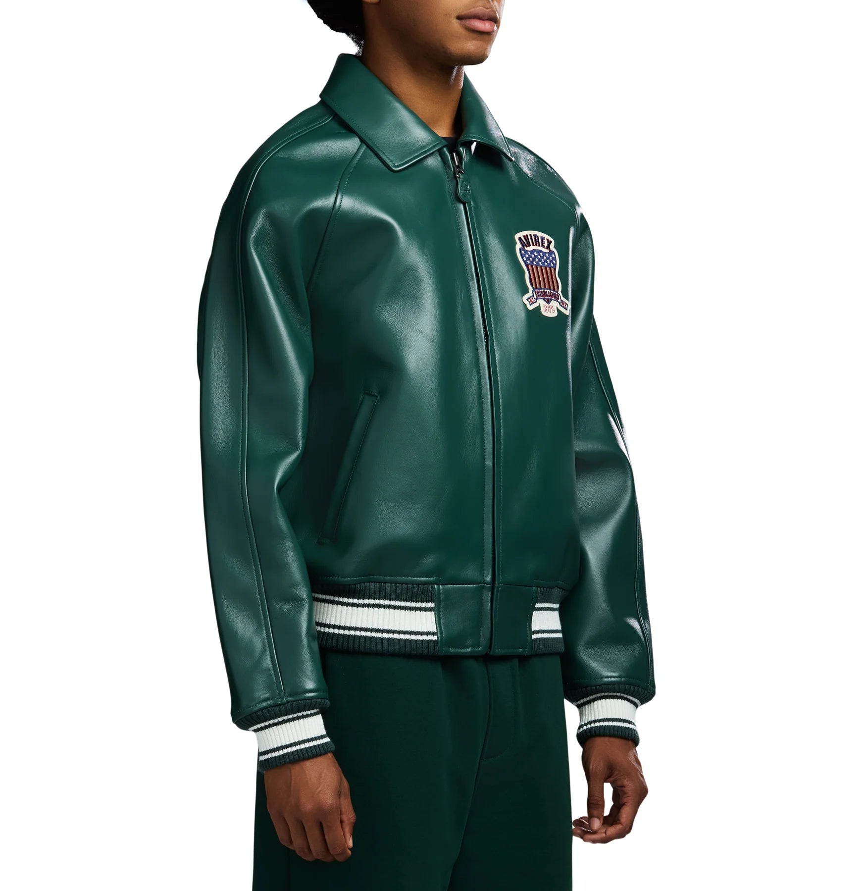 Avirex ICON Jacket in 100% French lamb leather with logo details, front zipper, and striped rib trim