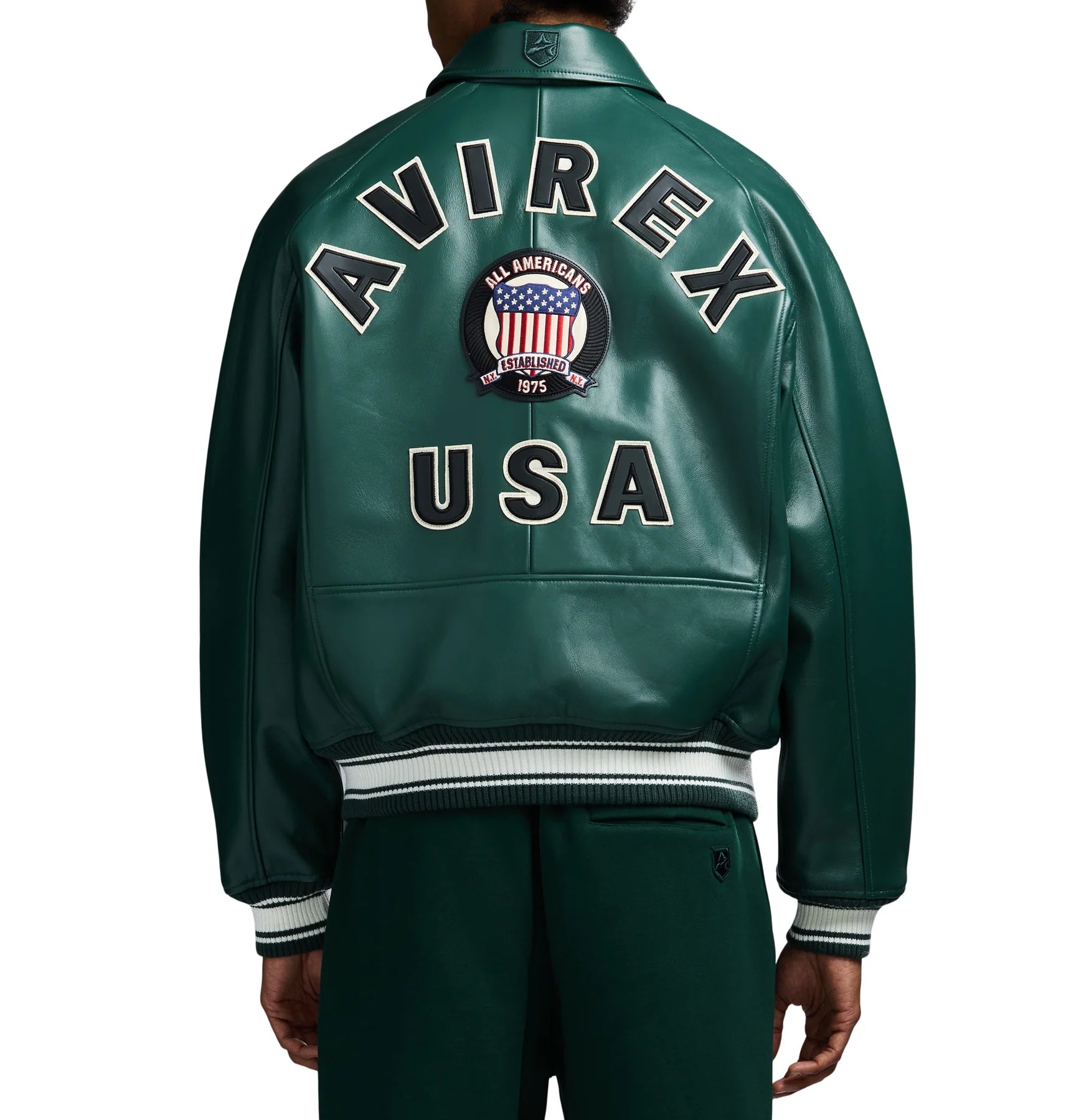 Avirex ICON Jacket in 100% French lamb leather with logo details, front zipper, and striped rib trim