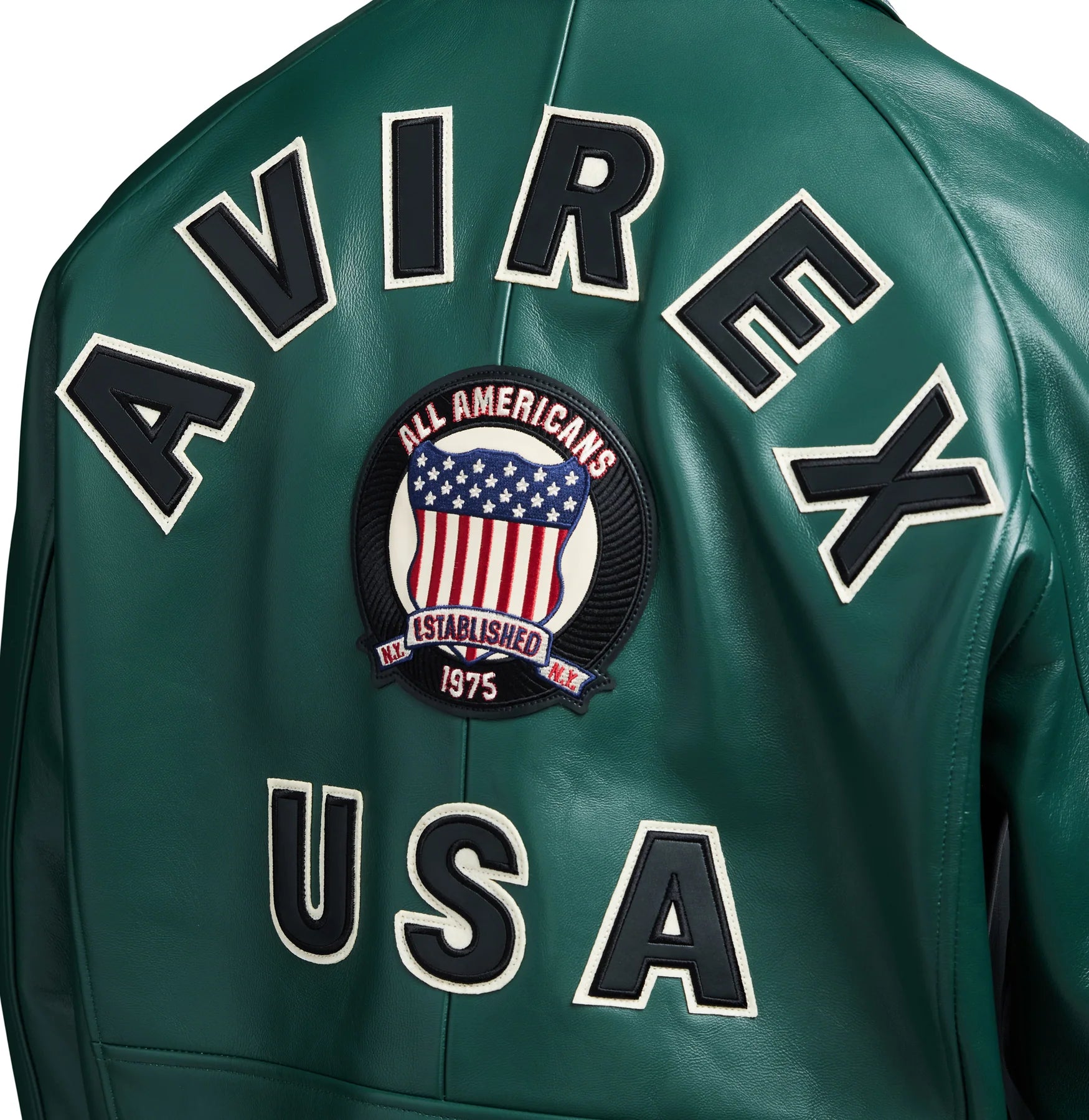 Avirex ICON Jacket in 100% French lamb leather with logo details, front zipper, and striped rib trim