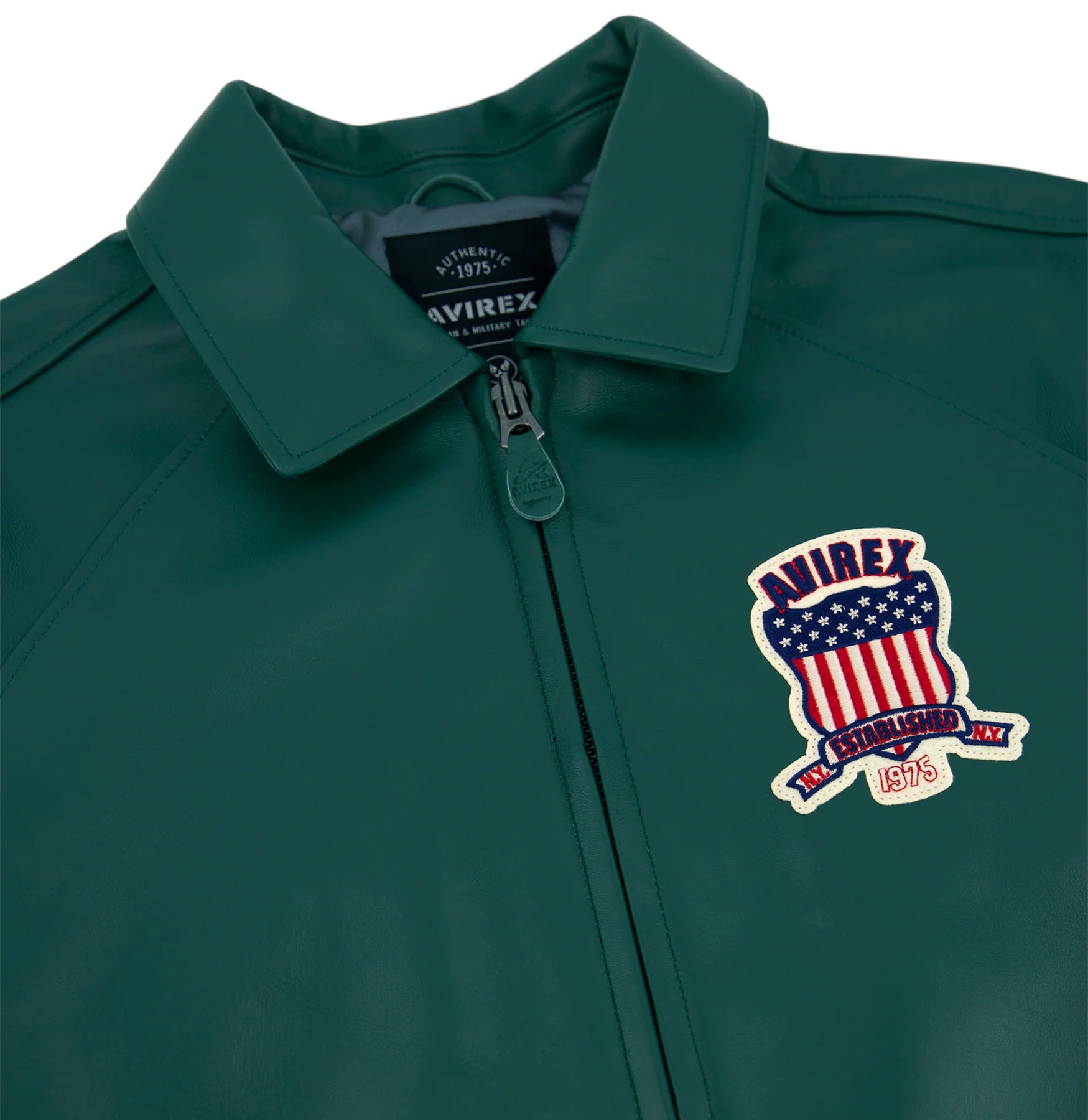 Avirex ICON Jacket in 100% French lamb leather with logo details, front zipper, and striped rib trim