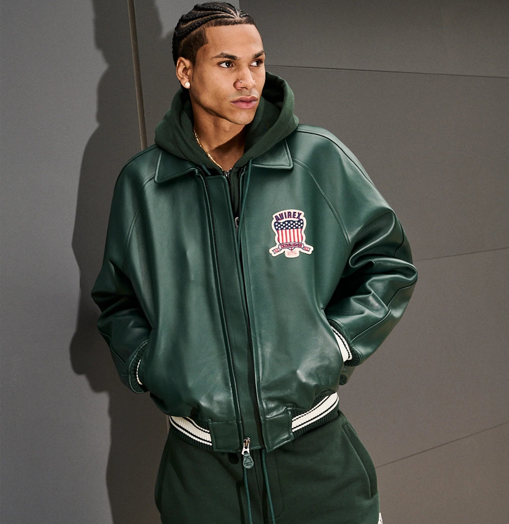 Avirex ICON Jacket in 100% French lamb leather with logo details, front zipper, and striped rib trim