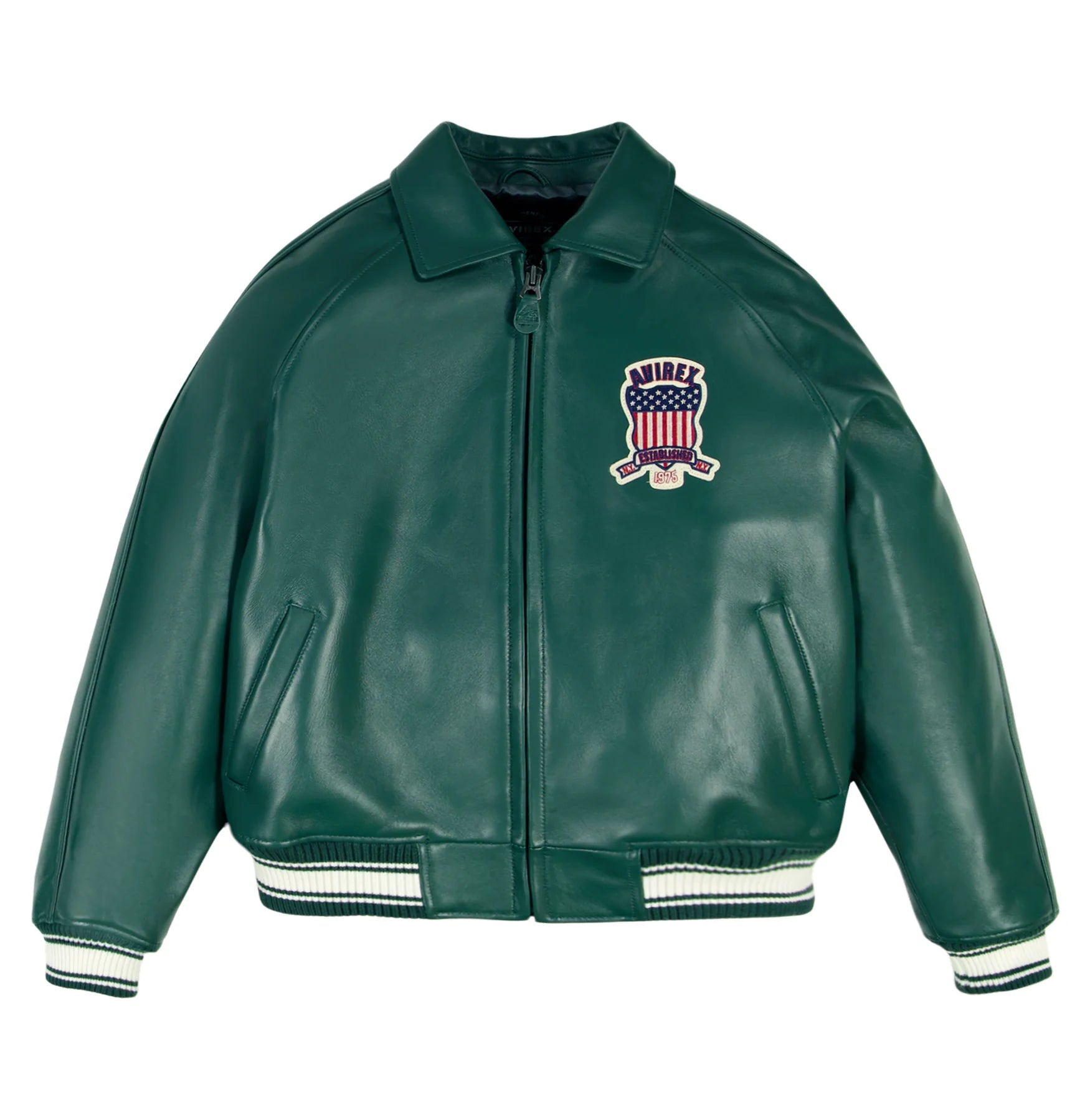Avirex ICON Jacket in 100% French lamb leather with logo details, front zipper, and striped rib trim