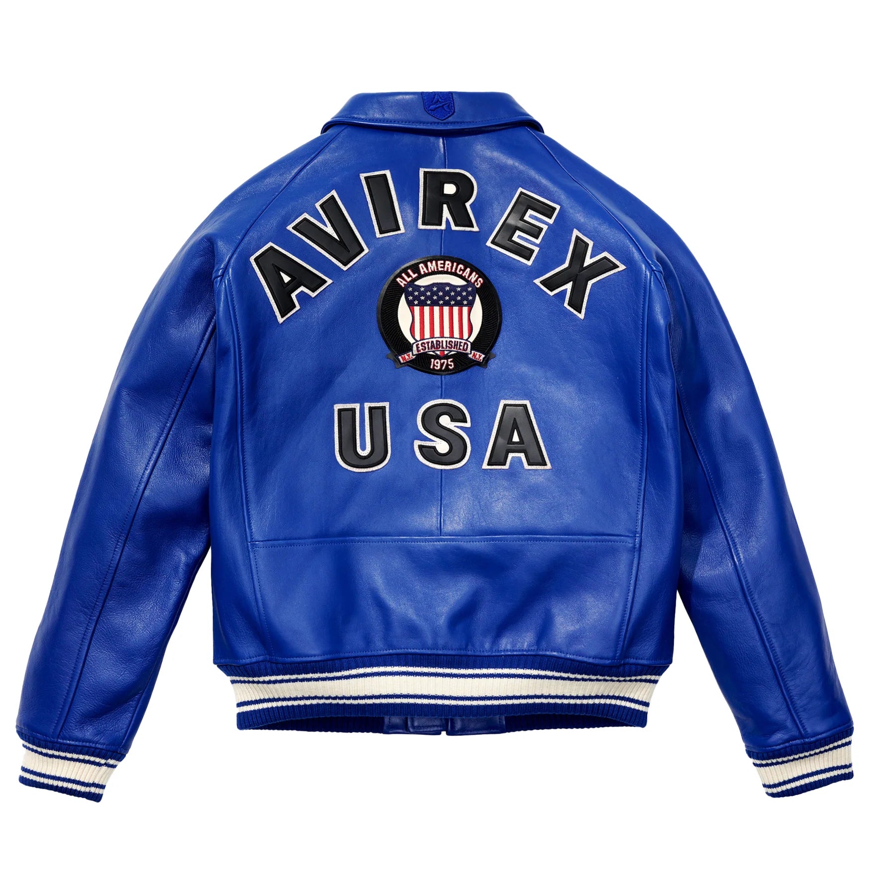 Avirex ICON Jacket in 100% French lamb leather with logo details, front zipper, and striped rib trim