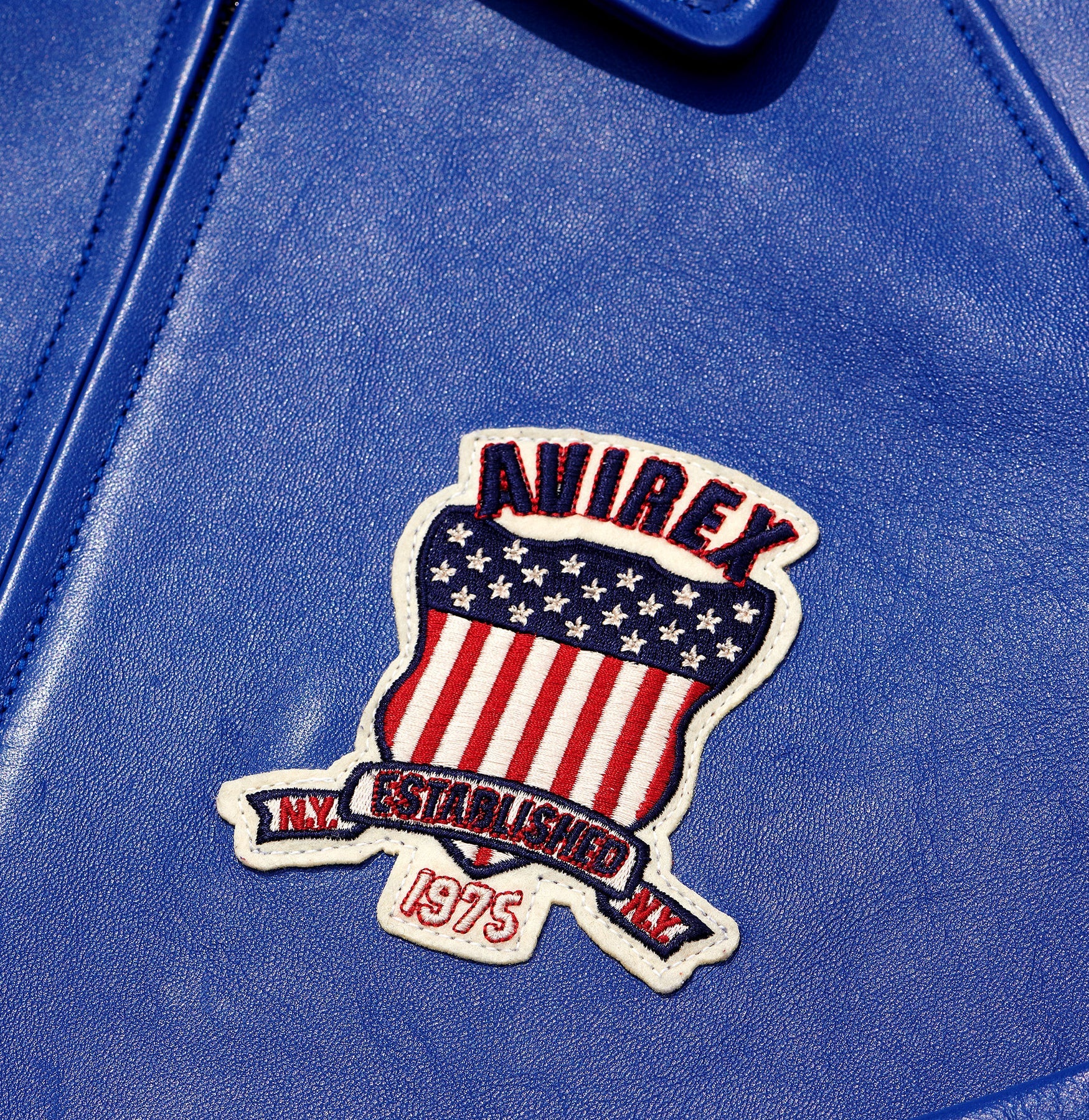 Avirex ICON Jacket in 100% French lamb leather with logo details, front zipper, and striped rib trim