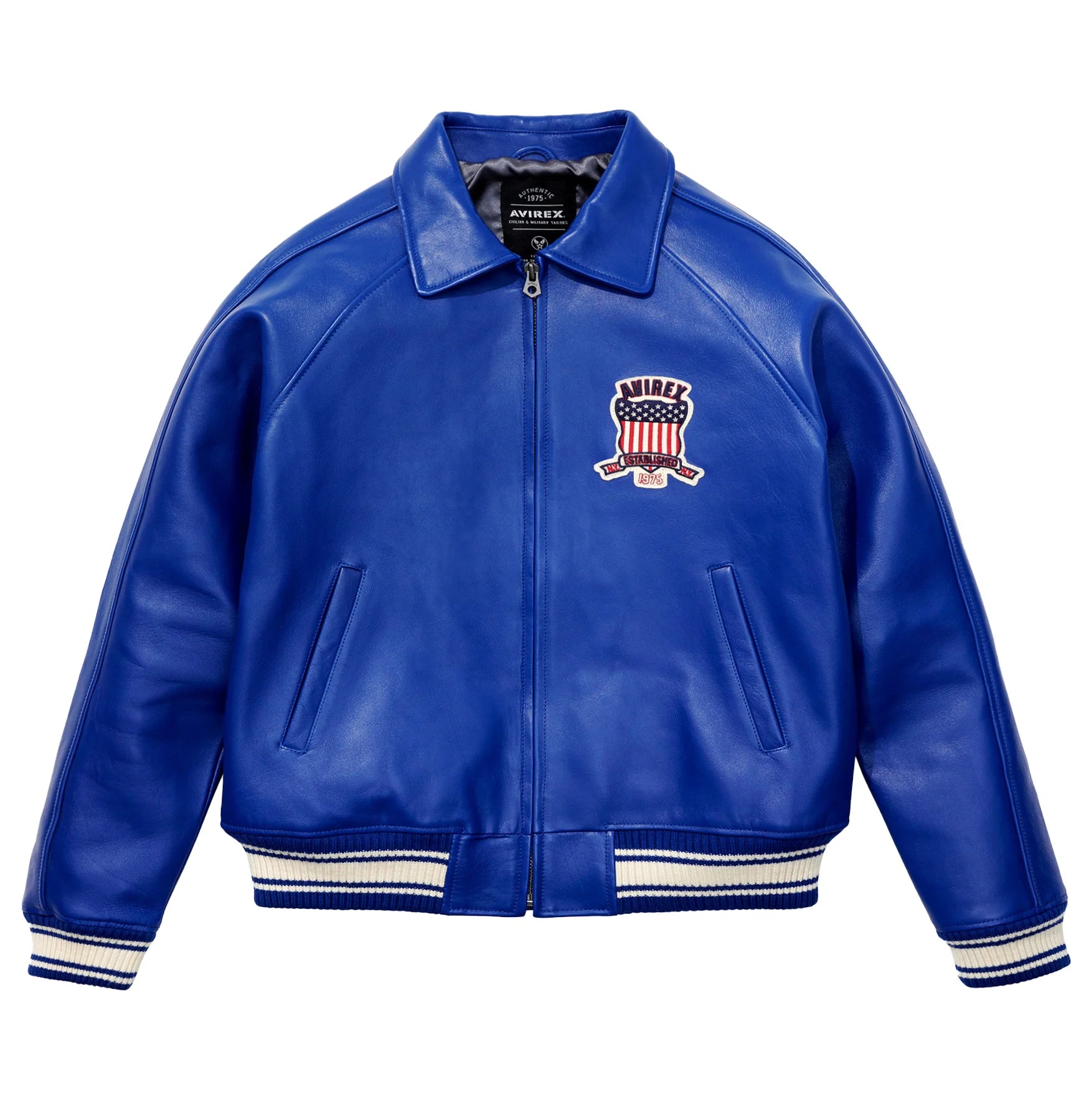 Avirex ICON Jacket in 100% French lamb leather with logo details, front zipper, and striped rib trim