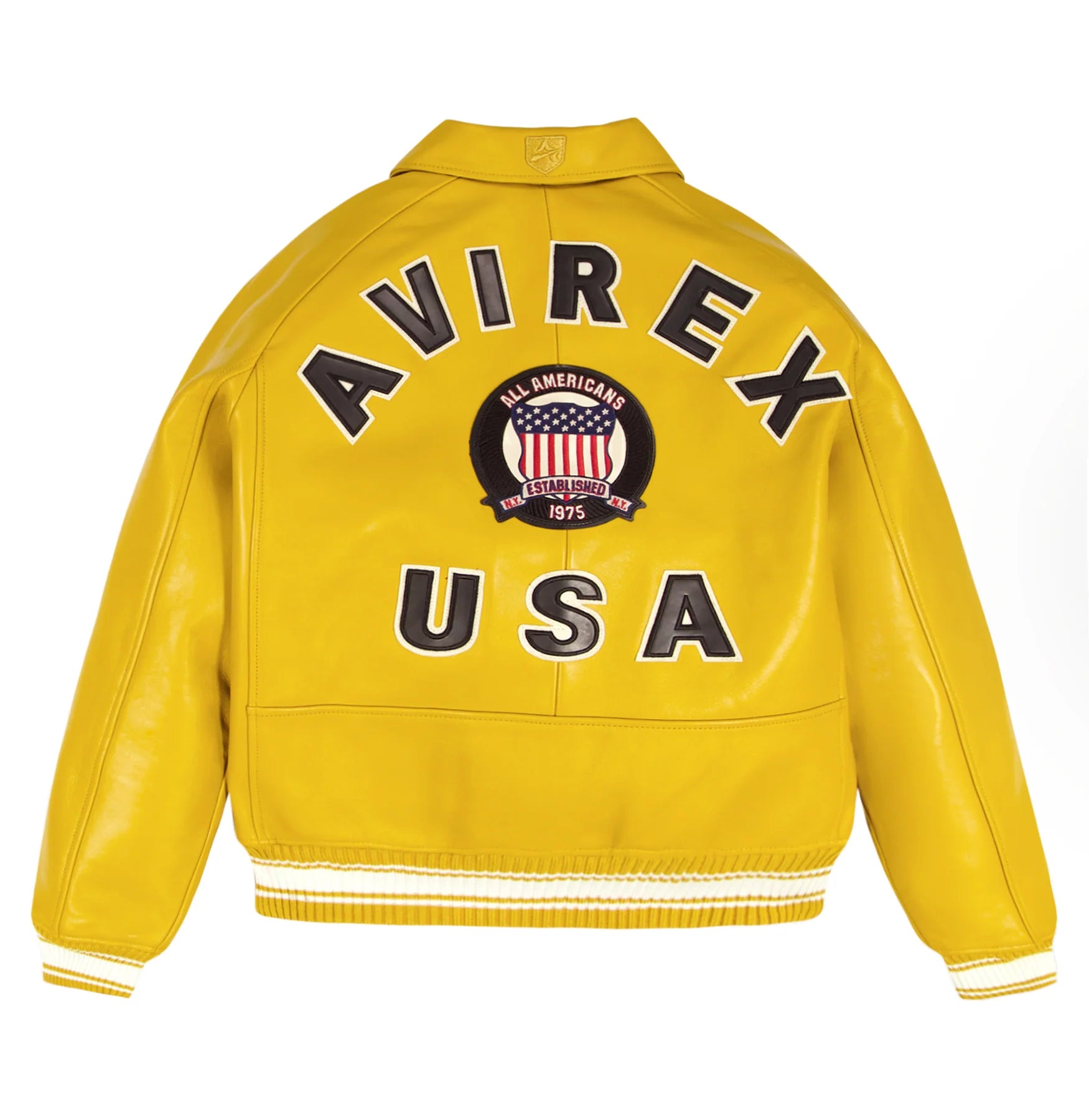 Avirex ICON Jacket in 100% French lamb leather with logo details, front zipper, and striped rib trim