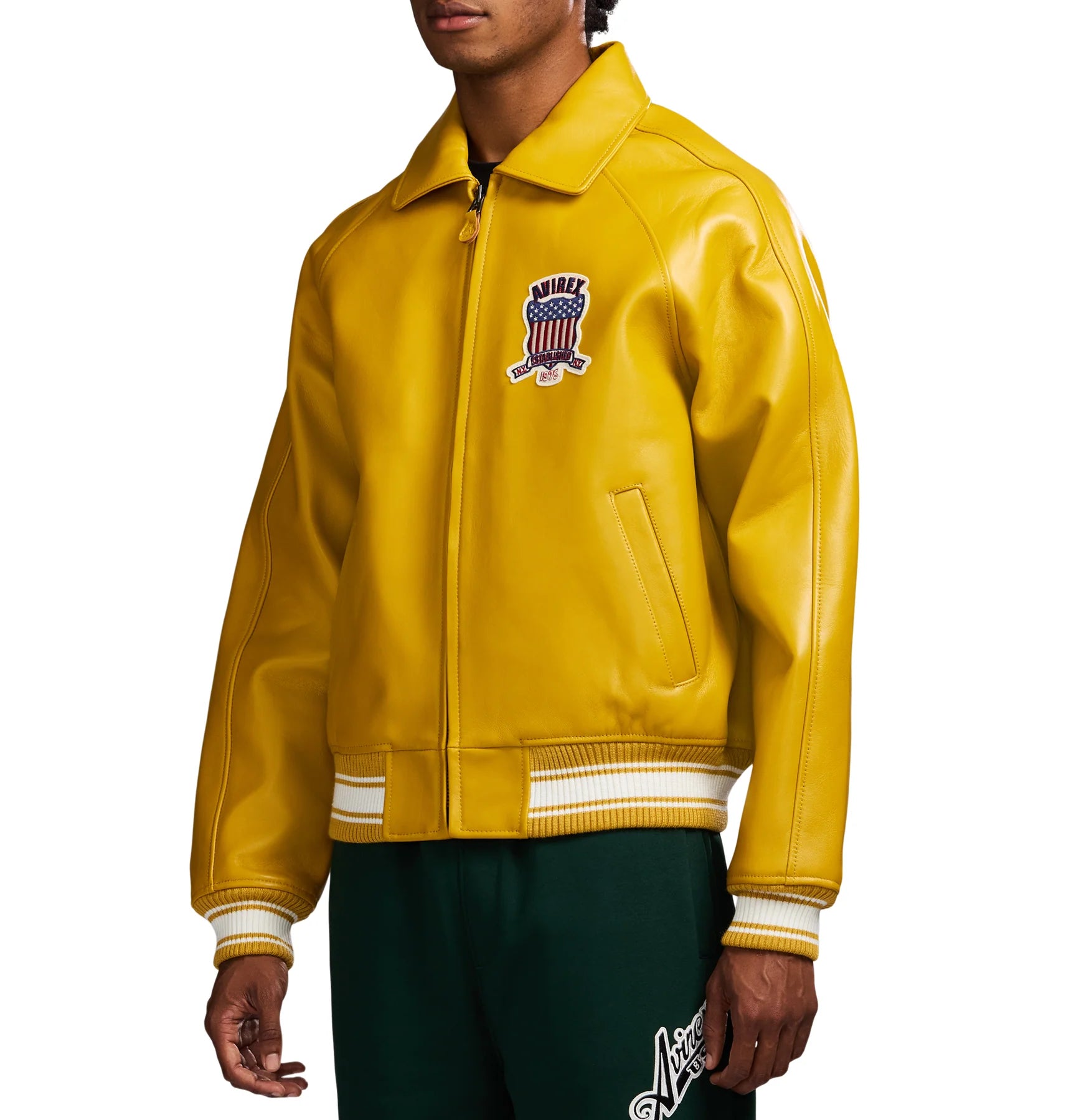 Avirex ICON Jacket in 100% French lamb leather with logo details, front zipper, and striped rib trim