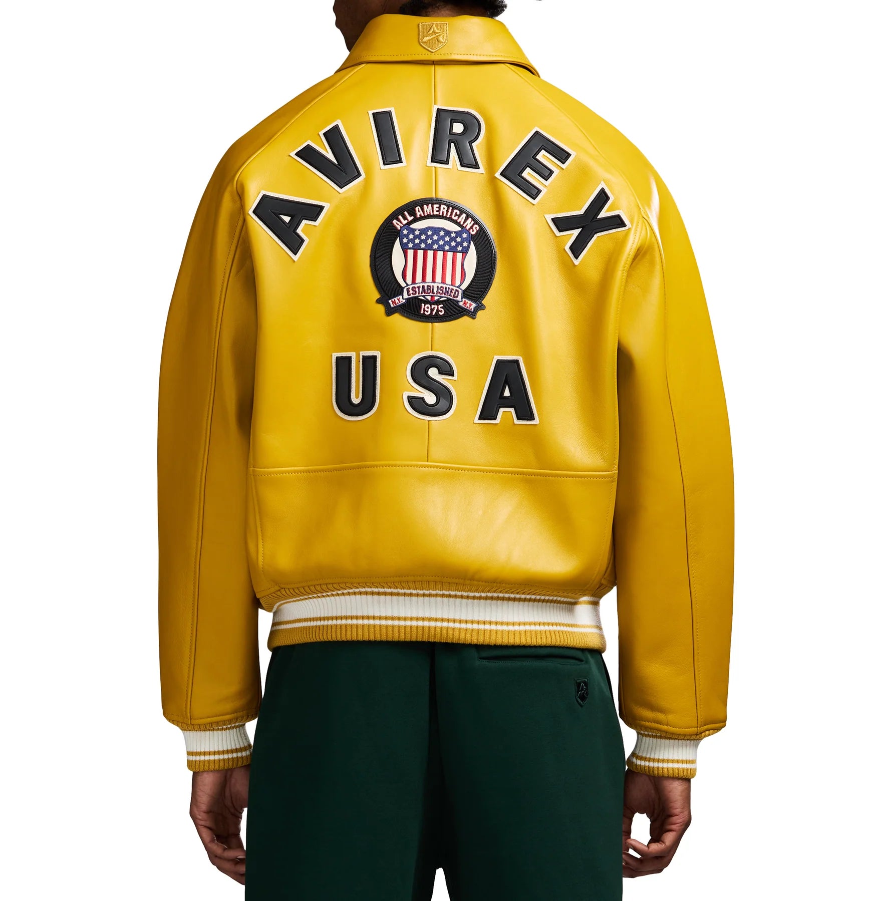 Avirex ICON Jacket in 100% French lamb leather with logo details, front zipper, and striped rib trim