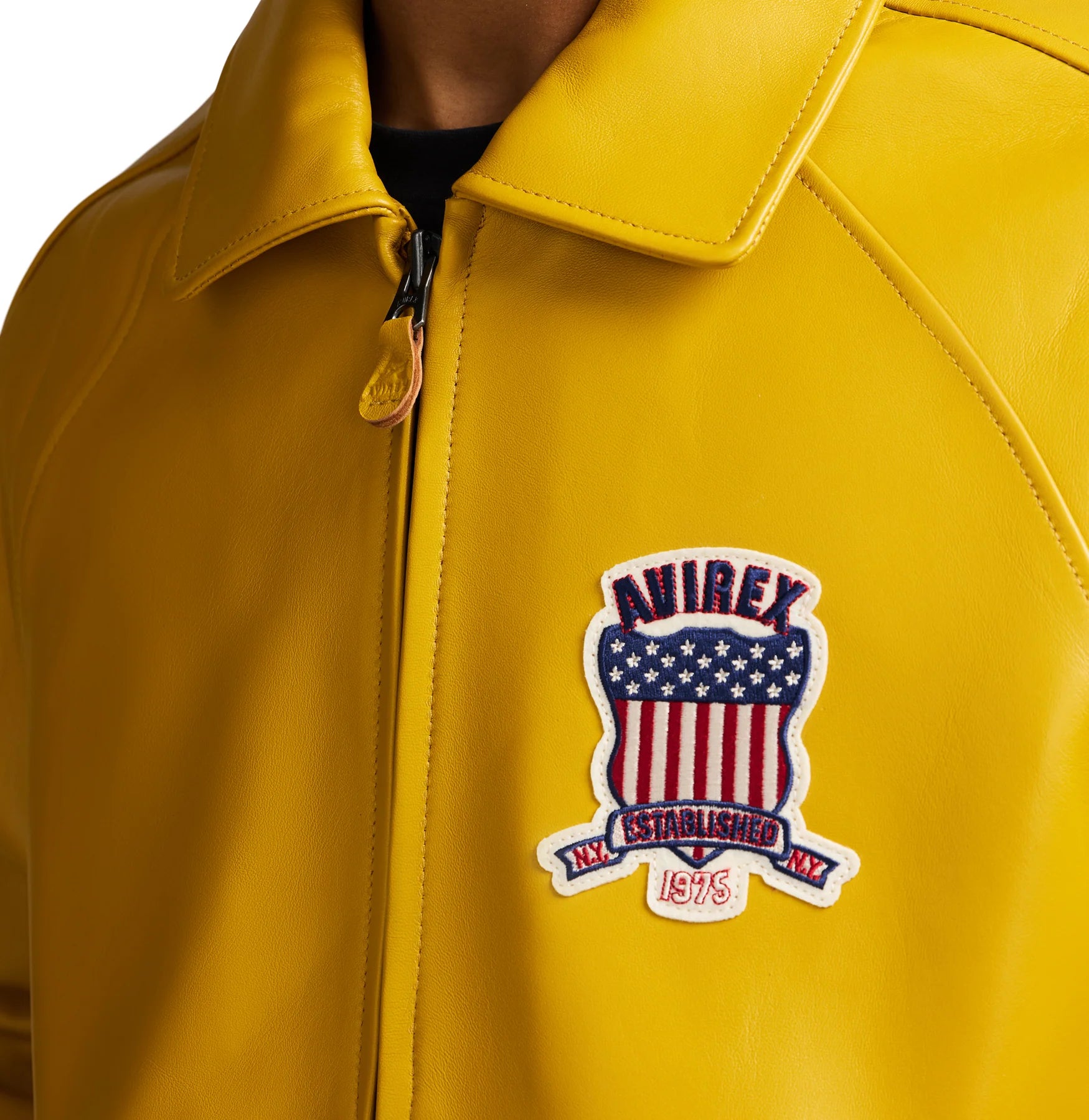 Avirex ICON Jacket in 100% French lamb leather with logo details, front zipper, and striped rib trim