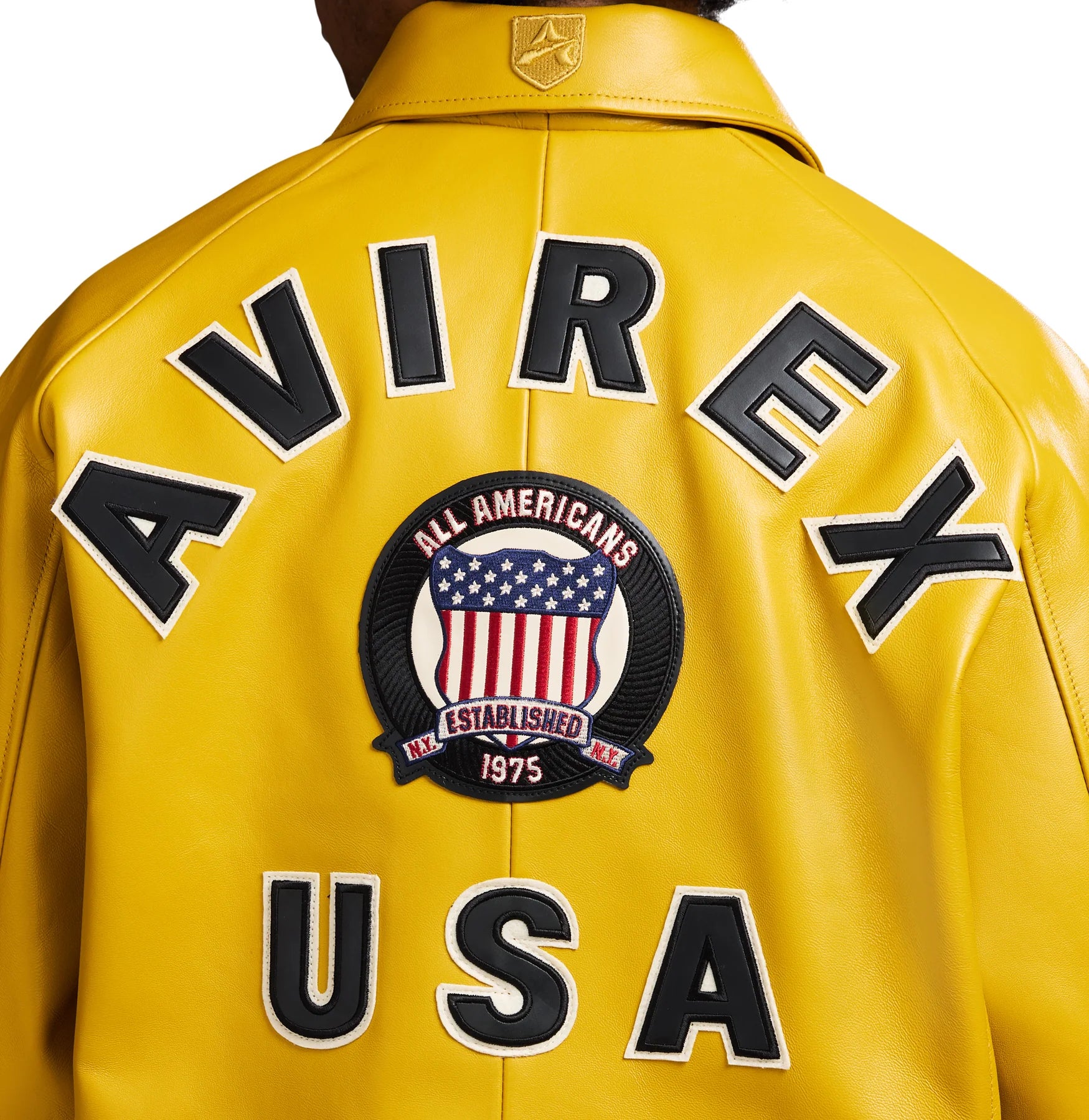 Avirex ICON Jacket in 100% French lamb leather with logo details, front zipper, and striped rib trim