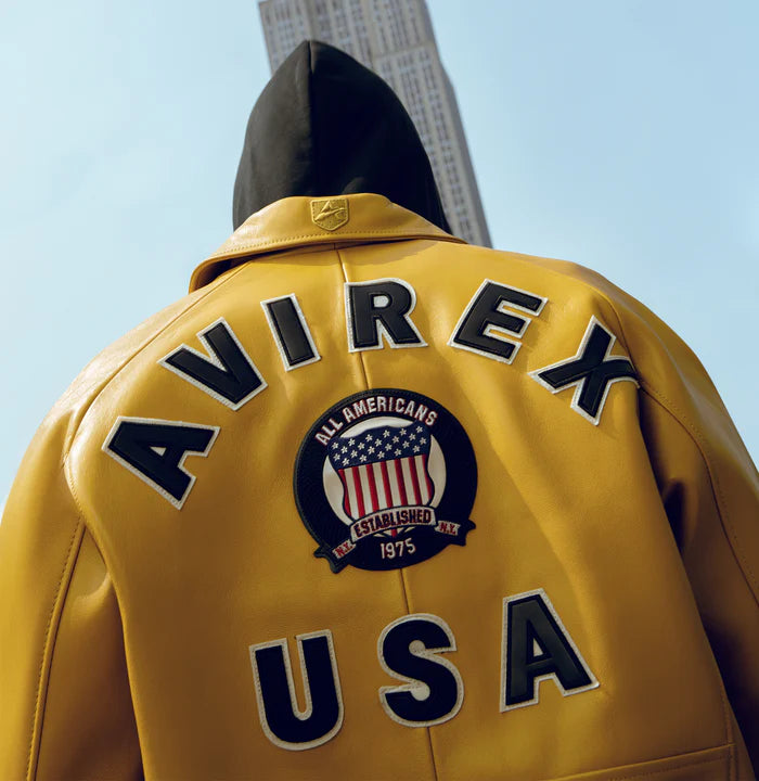 Avirex ICON Jacket in 100% French lamb leather with logo details, front zipper, and striped rib trim