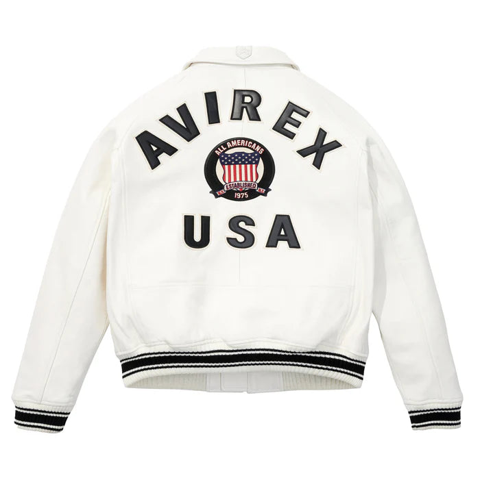 Avirex ICON Jacket in 100% French lamb leather with logo details, front zipper, and striped rib trim