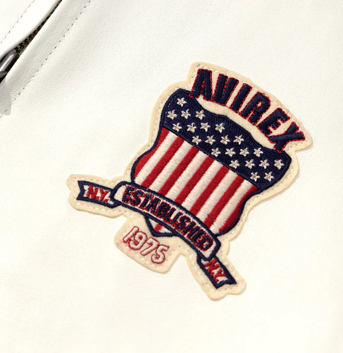 Avirex ICON Jacket in 100% French lamb leather with logo details, front zipper, and striped rib trim