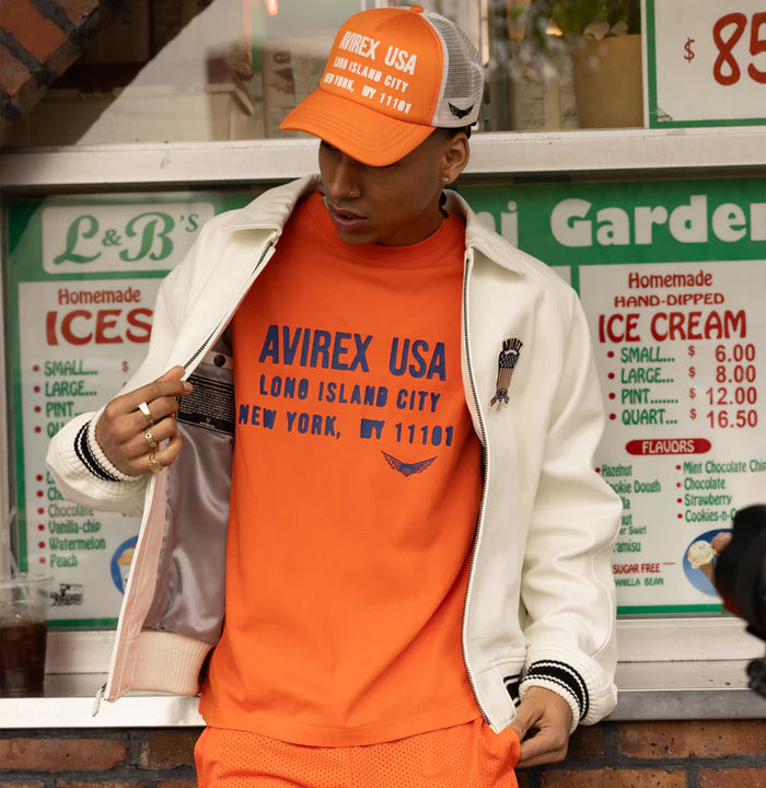 Avirex ICON Jacket in 100% French lamb leather with logo details, front zipper, and striped rib trim