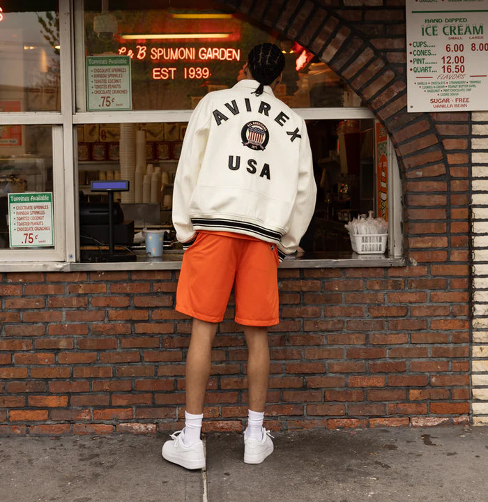 Avirex ICON Jacket in 100% French lamb leather with logo details, front zipper, and striped rib trim