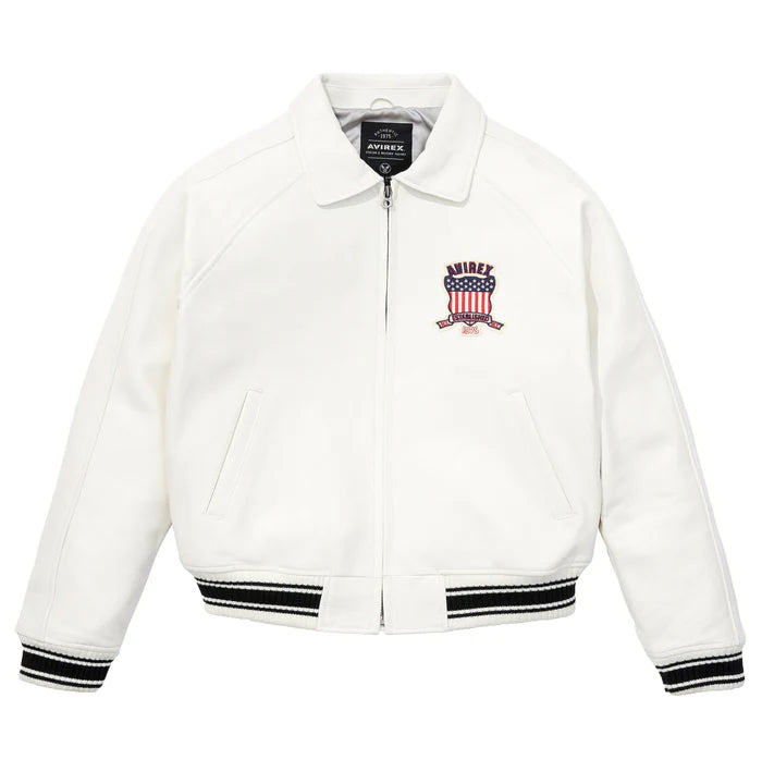 Avirex ICON Jacket in 100% French lamb leather with logo details, front zipper, and striped rib trim