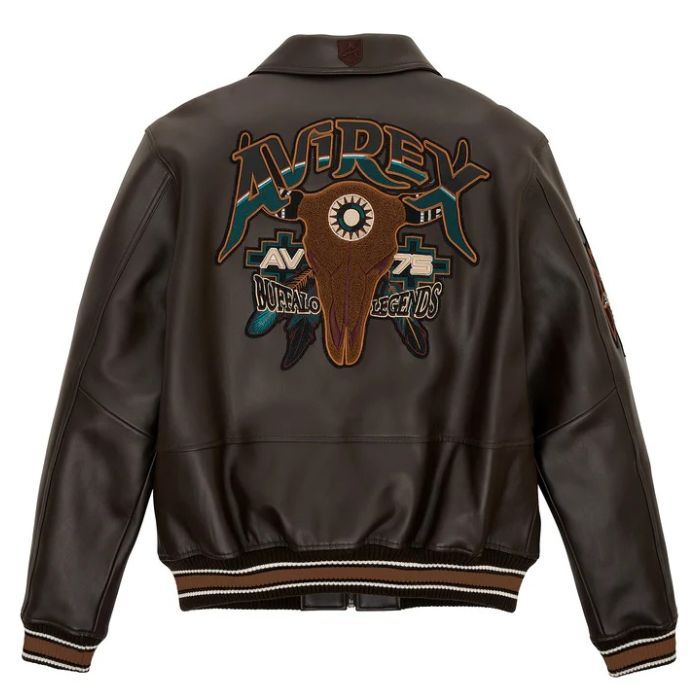 Avirex Buffalo Legends A2 leather jacket with applique, embroidery patches, and ribbed striped cuffs