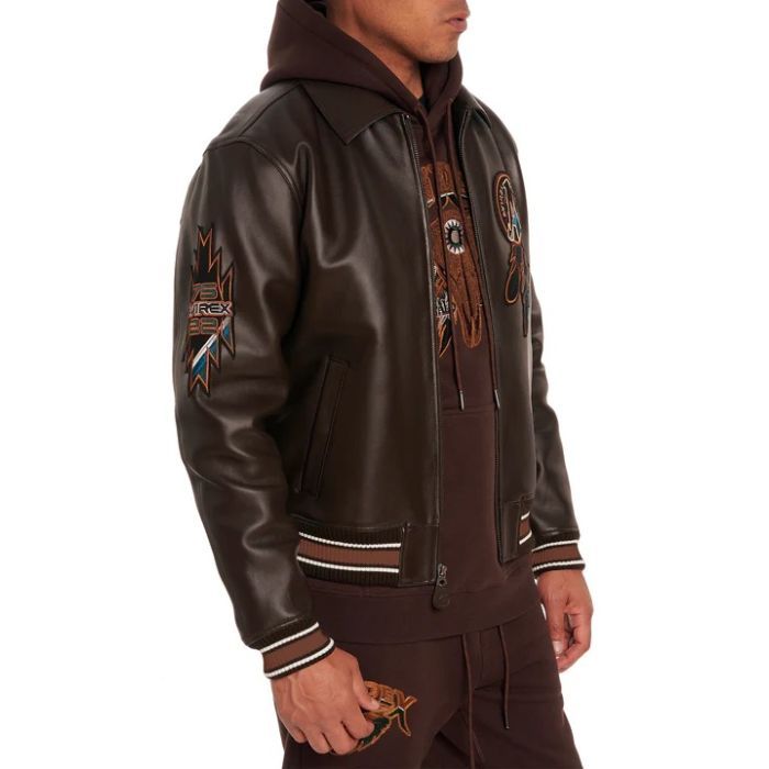 Avirex Buffalo Legends A2 leather jacket with applique, embroidery patches, and ribbed striped cuffs