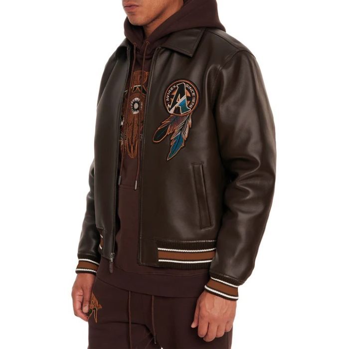 Avirex Buffalo Legends A2 leather jacket with applique, embroidery patches, and ribbed striped cuffs