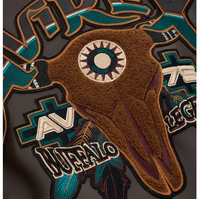 Avirex Buffalo Legends A2 leather jacket with applique, embroidery patches, and ribbed striped cuffs