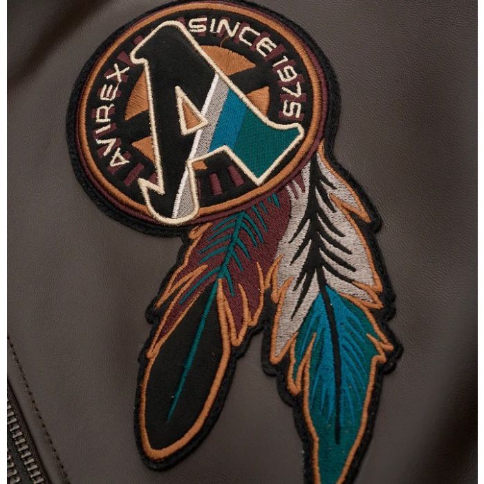 Avirex Buffalo Legends A2 leather jacket with applique, embroidery patches, and ribbed striped cuffs