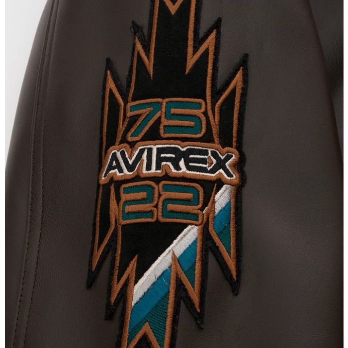Avirex Buffalo Legends A2 leather jacket with applique, embroidery patches, and ribbed striped cuffs