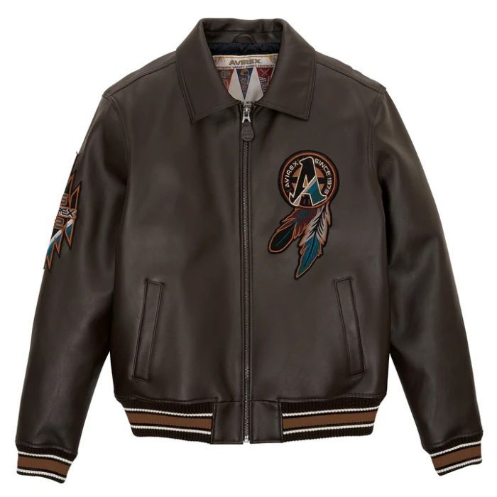 Avirex Buffalo Legends A2 leather jacket with applique, embroidery patches, and ribbed striped cuffs