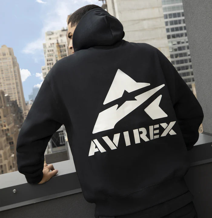 Avirex Cotton Fleece Hoodie with stacked “A” back logo, front chest logo, and rib knit cuffs