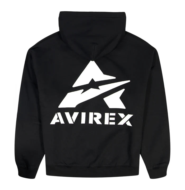 Avirex Cotton Fleece Hoodie with stacked “A” back logo, front chest logo, and rib knit cuffs