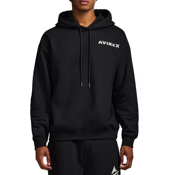 Avirex Cotton Fleece Hoodie with stacked “A” back logo, front chest logo, and rib knit cuffs