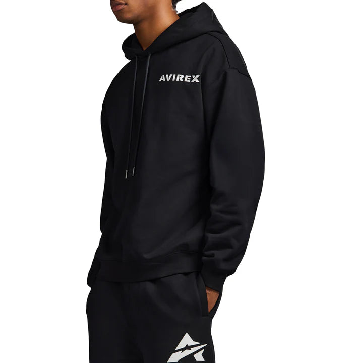 Avirex Cotton Fleece Hoodie with stacked “A” back logo, front chest logo, and rib knit cuffs