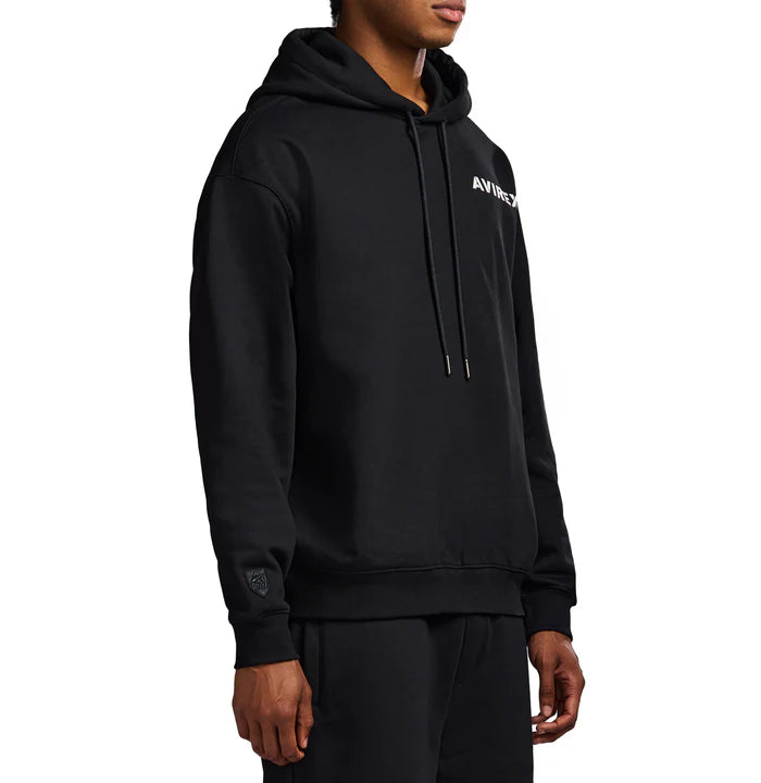 Avirex Cotton Fleece Hoodie with stacked “A” back logo, front chest logo, and rib knit cuffs