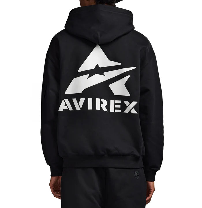 Avirex Cotton Fleece Hoodie with stacked “A” back logo, front chest logo, and rib knit cuffs