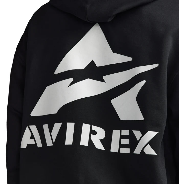 Avirex Cotton Fleece Hoodie with stacked “A” back logo, front chest logo, and rib knit cuffs