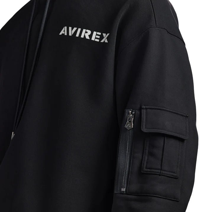 Avirex Cotton Fleece Hoodie with stacked “A” back logo, front chest logo, and rib knit cuffs